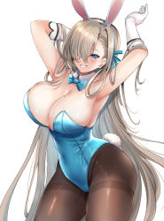 Rule 34 | 1girl, animal ears, armpits, arms up, asuna (blue archive), asuna (bunny) (blue archive), blue archive, blue bow, blue bowtie, blue eyes, blue leotard, blush, bow, bowtie, breasts, brown pantyhose, cleavage, detached collar, fake animal ears, fake tail, gloves, hair ribbon, highleg, highleg leotard, highres, hinata sora, large breasts, leotard, light brown hair, long hair, looking at viewer, mole, mole on breast, pantyhose, parted lips, playboy bunny, rabbit ears, rabbit tail, ribbon, simple background, smile, solo, tail, thighband pantyhose, traditional bowtie, white background, white gloves