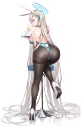 Rule 34 | 1girl, absurdly long hair, animal ear hairband, animal ears, ass, asuna (blue archive), asuna (bunny) (blue archive), back, backless leotard, bare shoulders, blue archive, blue leotard, blue ribbon, blush, breasts, brown pantyhose, closed mouth, commentary, cup, drinking glass, fake animal ears, from behind, full body, gloves, hair ribbon, hairband, halo, high heels, highres, holding, holding tray, large breasts, leotard, long hair, looking at viewer, looking back, pantyhose, playboy bunny, rabbit ear hairband, rabbit ears, rabbit tail, ribbon, silver hair, simple background, smile, solo, sora 72-iro, stool, tail, thighband pantyhose, tray, very long hair, white background, white footwear, white gloves, white hairband