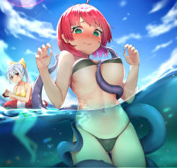 Rule 34 | 2girls, @ @, absurdres, ahoge, bare shoulders, between breasts, bikini, black bikini, blush, bow, breasts, character request, controller, copyright request, day, embarrassed, gluteal fold, green eyes, hair bow, highres, innertube, lens flare, long hair, medium breasts, multiple girls, navel, nose blush, o-ring, o-ring bikini, o-ring top, ocean, octopus, outdoors, pink hair, ponytail, red eyes, short hair, silver hair, string bikini, summer, swim ring, swimsuit, tentacles, thigh gap, wavy mouth, wet, xubai, yellow bikini, yellow bow