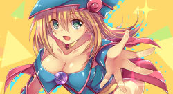 Rule 34 | 1girl, :d, bare shoulders, blonde hair, blue eyes, blush, breasts, capelet, cleavage, collarbone, dark magician girl, duel monster, foreshortening, hair between eyes, hat, jyon104, large breasts, leaning forward, long hair, looking at viewer, open mouth, pentacle, reaching, reaching towards viewer, smile, solo, wizard hat, yu-gi-oh!
