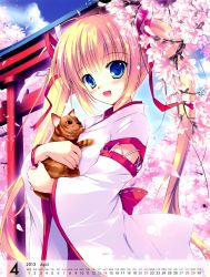 Rule 34 | 10s, 1girl, 2013, absurdres, ahoge, blonde hair, blue eyes, blush, calendar, cat, cherry blossoms, cloud, day, flower, happy, highres, hug, japanese clothes, kimono, long hair, mikeou, non-web source, sky, twintails