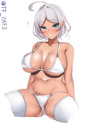 Rule 34 | 1girl, ahoge, alternate costume, armpit crease, bare shoulders, bikini, blue eyes, breasts, cleavage, commentary, curvy, dark-skinned female, dark skin, grey hair, grin, groin, gundam, gundam suisei no majo, highres, large breasts, looking at viewer, navel, plump, secelia dote, short hair, simple background, smile, solo, sparkle, spread legs, swimsuit, tf cafe, thighhighs, twitter username, underboob, white background, white bikini, white thighhighs