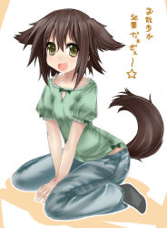 Rule 34 | 00s, 1girl, :d, abubu, animal ears, arm support, brown hair, dog ears, dog tail, fang, feet, kusakabe misao, lucky star, open mouth, sitting, smile, socks, solo, tail, translated, yellow eyes