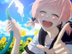 Rule 34 | 1girl, alternate hairstyle, blush, cloud, cup, day, closed eyes, flower, happy, heart, hime cut, hose, just be friends (vocaloid), laughing, megurine luka, pink hair, pointing, school uniform, screencap, serafuku, short hair, sky, smile, solo, sunflower, twintails, vocaloid, water, yunomi, yunomi (yunomi imonuy)