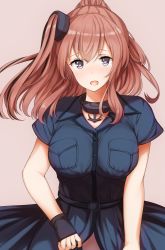 Rule 34 | 10s, 1girl, anchor, asymmetrical hair, black gloves, blue dress, blue eyes, breast pocket, breasts, brown background, brown hair, dress, fingerless gloves, gloves, heart, heart-shaped pupils, kantai collection, large breasts, looking at viewer, one side up, pocket, ponytail, saratoga (kancolle), saratoga mk ii (kancolle), short sleeves, sidelocks, simple background, solo, symbol-shaped pupils, tobi-mura, upper body