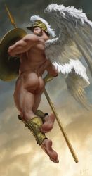Rule 34 | 1boy, ancient greek clothes, ares (mythology), armor, ass, bara, bare back, beard, chens art, cloud, cloudy sky, facial hair, faux traditional media, feathered wings, feet, flying, from behind, greco-roman clothes, greek mythology, helmet, highres, holding, holding polearm, holding shield, holding spear, holding weapon, looking at viewer, looking back, male focus, male pubic hair, mature male, muscular, muscular male, nude, original, polearm, pubic hair, realistic, shield, short hair, sky, soles, solo, spear, thick thighs, thighs, toes, weapon, wings
