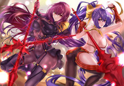 Rule 34 | 2girls, absurdres, antenna hair, armor, ass, backless outfit, black pants, blazblue, blazblue: cross tag battle, bodysuit, bow, breasts, commentary, crossover, fate/grand order, fate (series), gae bolg (fate), highres, holding, holding weapon, large breasts, long hair, lowleg, lowleg pants, mai natsume, multiple girls, nez-box, outseal, pants, pauldrons, polearm, purple bodysuit, purple hair, red eyes, revealing clothes, scathach (fate), scathach (fate), shoulder armor, sideboob, skin tight, type-moon, weapon, yellow bow