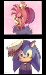 Rule 34 | 1boy, 1girl, amy rose, animal ears, animal nose, black border, blue fur, border, bracelet, closed mouth, comic, commentary, dress, english commentary, facing viewer, fur trim, furry, furry female, furry male, green eyes, hairband, hand on own face, hetero, jewelry, looking at another, looking at viewer, open mouth, pink fur, red dress, red hairband, simple background, skyavii sonic, smile, sonic (series), sonic the hedgehog, sparkle background, teeth, the murder of sonic the hedgehog, upper teeth only, vertical comic, white headwear