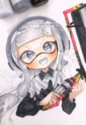 Rule 34 | 1girl, :d, absurdres, artist name, boruboruwo, carbon roller (splatoon), commentary, cropped torso, grey eyes, grey hair, headphones, highres, holding, holding weapon, inkling, inkling girl, inkling player character, long hair, looking at viewer, nintendo, open mouth, pointy ears, smile, solo, splatoon (series), splatoon 3, symbol-only commentary, tentacle hair, translation request, twitter username, upper body, v-shaped eyebrows, watermark, weapon, white background
