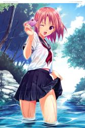 Rule 34 | 1girl, absurdres, blush, bra, camera, clothes lift, cloud, crease, day, highres, koutaro, lingerie, non-web source, one eye closed, open mouth, original, pink bra, pink hair, product placement, scan, scan artifacts, school uniform, see-through, short hair, skirt, skirt lift, sky, smile, solo, tree, underwear, water, wet, wet clothes, wink