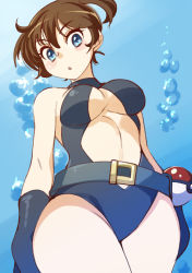 Rule 34 | 1girl, 34 (sanjushi), armpits, asymmetrical hair, belt, blue eyes, breasts, brown hair, creatures (company), curvy, game freak, gloves, gym leader, hair bun, hair ornament, halterneck, highleg, highleg swimsuit, looking at viewer, medium breasts, misty (pokemon), navel, nintendo, nipples, one-piece swimsuit, open mouth, poke ball, pokemon, pokemon: the electric tale of pikachu, ponytail, shiny clothes, short hair, side ponytail, simple background, single hair bun, slingshot swimsuit, smile, solo, swimsuit, thighs, turtleneck