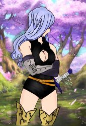 Rule 34 | 1girl, alternate universe, angry, armor, bare shoulders, cleavage cutout, breasts, crossed arms, female focus, forest, gloves, hair over eyes, highres, jericho (nanatsu no taizai), large breasts, long hair, looking away, nanatsu no taizai, nature, official alternate costume, aged up, purple hair, solo, sword, thighhighs, turning head, weapon