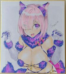 Rule 34 | 1girl, bow, breasts, claw pose, elbow gloves, eyes visible through hair, fang, fate/grand order, fate (series), fur collar, gloves, hair over one eye, hands up, highres, large breasts, looking at viewer, mash kyrielight, mash kyrielight (dangerous beast), medium hair, navel, official alternate costume, photo (medium), pink bow, pink hair, purple eyes, revealing clothes, sage joh, signature, smile, solo, traditional media, upper body, white gloves