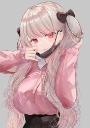 Rule 34 | 1girl, arm up, azur lane, black bow, black mask, black skirt, blush, bow, breasts, closed mouth, earrings, formidable (azur lane), grey background, grey hair, hair bow, hand in own hair, jewelry, large breasts, lips, long hair, long sleeves, looking at viewer, mask, mask lift, nail polish, pink nails, pink shirt, red eyes, schreibe shura, shirt, skirt, smile, solo, twintails, upper body