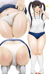 1girl absurdres ass black_hair blue_eyes cameltoe female_focus female_pubic_hair hair_ornament hairclip highres licking_lips mesisinja panties pubic_hair pubic_hair_peek shirt shoes skirt socks squatting thick_thighs thighs tongue tongue_out twintails underwear