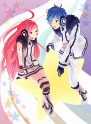 Rule 34 | 1boy, 1girl, ahoge, akiyoshi (tama-pete), android, bad id, bad pixiv id, blue eyes, blue hair, boots, cosplay, gloves, headphones, headset, joints, kaito (vocaloid), kneehighs, long hair, miki (cosplay), red eyes, red hair, robot joints, sf-a2 miki, sf-a2 miki (cosplay), sitting, smile, socks, star (symbol), striped clothes, striped socks, striped thighhighs, thighhighs, vocaloid