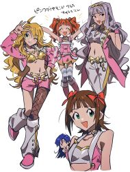 Rule 34 | 5girls, :d, ;d, ^ ^, absurdres, ahoge, amami haruka, arm up, armpits, arms up, asymmetrical legwear, bare shoulders, belly chain, belt, blonde hair, blue hair, blush, boots, bow, breasts, brown eyes, brown hair, chibi, choker, cleavage, closed eyes, closed mouth, collarbone, crop top, cropped jacket, cropped shirt, dot nose, dress, fishnet pantyhose, fishnets, flat chest, gold belt, gold hairband, green eyes, grey hair, grey pants, grey shirt, grgrton, hair bow, hair ribbon, hairband, hand in own hair, hand on own hip, hand up, heart, heart choker, highres, hoshii miki, idolmaster, idolmaster (classic), idolmaster 2, jacket, jewelry, kisaragi chihaya, knee boots, large breasts, leg up, long hair, long sleeves, looking at viewer, medium breasts, midriff, mismatched legwear, multiple girls, navel, necklace, one eye closed, open clothes, open hand, open jacket, open mouth, pants, pantyhose, pigeon-toed, pink diamond 765 (idolmaster), pink dress, pink footwear, pink jacket, pink shorts, pink wristband, purple eyes, red ribbon, ribbon, shijou takane, shirt, short hair, shorts, simple background, single leg pantyhose, sleeveless, sleeveless dress, sleeveless jacket, small breasts, smile, standing, standing on one leg, star (symbol), star necklace, striped clothes, striped thighhighs, takatsuki yayoi, thighhighs, twintails, two-tone footwear, white background, white belt, white choker