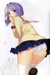 Rule 34 | 00s, 1boy, 3girls, :o, ass, back, blue eyes, blue hair, blue panties, blush, bob cut, clannad, clenched hand, clothes lift, from behind, fujibayashi kyou, fujibayashi ryou, hair intakes, hair ribbon, hairband, hand to own mouth, high kick, highres, kicking, kneehighs, lace, leaning forward, leg lift, loafers, long hair, long sleeves, looking at viewer, looking back, miniskirt, multiple girls, open mouth, panties, pantyshot, parted bangs, partially colored, pleated skirt, purple hair, ribbon, sakagami tomoyo, scan, scan artifacts, school uniform, serafuku, shirt, shoes, short hair, siblings, simple background, sisters, skindentation, skirt, skirt lift, sleeve cuffs, socks, solo focus, standing, standing on one leg, striped clothes, striped panties, sunohara youhei, surprised, teamwork, thighhighs, tony taka, tress ribbon, twins, underwear, upskirt, very long hair, white background, white panties, white thighhighs, wind, wind lift