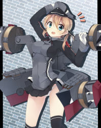 Rule 34 | 10s, 1girl, anchor hair ornament, aqua eyes, bad id, bad pixiv id, black thighhighs, blonde hair, breasts, cannon, female focus, fuuen (akagaminanoka), gloves, hair ornament, hat, highres, jacket, kantai collection, large breasts, long sleeves, looking at viewer, low twintails, machinery, mecha musume, military, military uniform, open clothes, open jacket, over-kneehighs, panties, pantyshot, prinz eugen (kancolle), revision, skirt, solo, standing, thighhighs, twintails, underwear, uniform, upskirt, white gloves, white panties