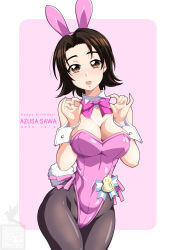 Rule 34 | 1girl, adjusting bowtie, alternate costume, animal ear hairband, animal ears, artist logo, birthday, bow, bowtie, breasts, brown eyes, brown hair, character name, cleavage, collar, commentary, covered navel, cowboy shot, dated, detached collar, english text, fake animal ears, fake tail, girls und panzer, grey pantyhose, happy birthday, highleg, highleg leotard, highres, ichijou takakiyo, leotard, looking at viewer, medium breasts, open mouth, pantyhose, parted bangs, pink background, pink bow, pink bowtie, pink leotard, playboy bunny, rabbit ear hairband, rabbit ears, rabbit tail, sawa azusa, short hair, smile, solo, standing, strapless, strapless leotard, tail, white collar, wrist cuffs