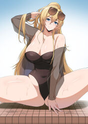 Rule 34 | 1girl, absurdres, alternate costume, azur lane, bismarck (azur lane), bismarck zwei (azur lane), bismarck zwei (crystal-clear holiday) (azur lane), blonde hair, blue eyes, breasts, cleavage, collarbone, eyewear on head, glasses, highres, large breasts, long hair, looking at viewer, official alternate costume, one-piece swimsuit, see-through, see-through shirt, see-through sleeves, shirt, smile, solo, spread legs, strapless, strapless one-piece swimsuit, sunglasses, swimsuit, thighs, wet, xllam