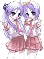 Rule 34 | 2girls, ahoge, blush, bow, closed mouth, cropped legs, dot nose, finger gun, hair bow, hair ornament, hair ribbon, highres, hiiragi kagami, hiiragi tsukasa, long hair, looking at viewer, lucky star, multiple girls, neckerchief, nemu (zutto oyasu3), open mouth, pink neckerchief, purple eyes, purple hair, red sailor collar, red skirt, ribbon, ryouou school uniform, sailor collar, school uniform, serafuku, shirt, short hair, siblings, simple background, sisters, sketch, skirt, smile, tsurime, twins, twintails, v, white background, white shirt, yellow bow
