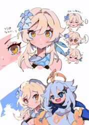 Rule 34 | 2girls, bare shoulders, blonde hair, blue eyes, blue scarf, closed mouth, dress, expressions, eyelashes, genshin impact, grey hair, hair between eyes, highres, hinann bot, long hair, looking at viewer, lumine (genshin impact), multiple girls, multiple views, open mouth, paimon (genshin impact), scarf, smile, speech bubble, white background, yellow eyes