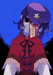 Rule 34 | 1girl, absurdres, ayamakinyan (xianjian), black hair, black ribbon, cabbie hat, chinese clothes, closed mouth, commentary request, flat chest, hair between eyes, hat, hat ornament, head tilt, highres, hollow eyes, jiangshi, lace-trimmed sleeves, lace trim, looking at viewer, miyako yoshika, neck ribbon, outstretched arms, pale skin, purple hat, red eyes, red shirt, ribbon, shirt, short hair, short sleeves, smile, solo, star (symbol), star hat ornament, tangzhuang, touhou, upper body, wide sleeves, zombie pose