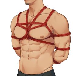 Rule 34 | 1boy, abs, arms behind back, bara, bound, bound wrists, close-up, facial hair, goatee, head out of frame, highres, koji (wildlhz), large pectorals, male focus, mature male, muscular, muscular male, navel, nipples, original, pectoral focus, pectoral press, pectorals, rope, shibari, short hair, solo, stomach, stubble, upper body