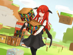 Rule 34 | 1girl, :o, bat wings, book, bookshelf, cloud, day, explosive, head wings, hinami047, koakuma, long hair, low wings, minecraft, nature, necktie, open mouth, outdoors, pantyhose, red eyes, red hair, red necktie, skirt, skirt set, solo, tnt, tnt block (minecraft), torch, touhou, tree, wings