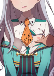 Rule 34 | 1boy, 1girl, breasts, disembodied hand, grabbing, grabbing another&#039;s breast, head out of frame, highres, kujou saaya, long hair, morisobo, necktie, nipples, no bra, one breast out, open mouth, raramagi, silver hair, simple background, small breasts, white background