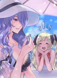 Rule 34 | 2girls, aruba, bikini, blonde hair, blue sky, camilla (fire emblem), camilla (summer) (fire emblem), closed eyes, day, elise (fire emblem), elise (summer) (fire emblem), fire emblem, fire emblem fates, fire emblem heroes, hair over one eye, hat, holding, long hair, multicolored hair, multiple girls, nail polish, nintendo, one-piece swimsuit, open mouth, parted lips, purple eyes, purple hair, seashell, shell, siblings, sisters, sky, swimsuit, twintails, white hat, wreath