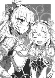 Rule 34 | 10s, 2girls, :&lt;, :d, ^ ^, antenna hair, blush, breasts, chaika trabant, closed eyes, corset, eyebrows, closed eyes, frederika (hitsugi no chaika), greyscale, highres, hitsugi no chaika, monochrome, multiple girls, namaniku atk, official art, open mouth, scan, small breasts, smile, thick eyebrows