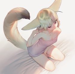 Rule 34 | 1girl, animal ears, bare shoulders, bed sheet, between legs, blonde hair, breasts, brown eyes, collarbone, commentary, fennec (kemono friends), fox ears, fox girl, fox tail, from above, hair flip, hand between legs, highres, kemono friends, looking away, mifu (b24vc1), naked towel, pink towel, sitting, small breasts, solo, tail, towel