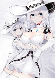 Rule 34 | 1girl, absurdres, azur lane, bare shoulders, blue eyes, blue gemstone, breasts, cleavage, collar, detached collar, dress, elbow gloves, flower, gem, gloves, hat, highres, illustrious (azur lane), lace, lace-trimmed dress, lace-trimmed headwear, lace trim, large breasts, little illustrious (azur lane), long hair, looking at viewer, samip, see-through, sleeveless, sleeveless dress, strapless, strapless dress, sun hat, thighhighs, white collar, white dress, white flower, white gloves, white hair, white theme, white thighhighs