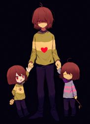 Rule 34 | 3others, :d, absurdres, black background, black footwear, black pants, blue sweater, brown hair, chara (undertale), deltarune, expressionless, flower, frisk (undertale), full body, green sweater, heart, heart necklace, highres, holding, holding flower, holding hands, holding stick, jewelry, kris (deltarune), long sleeves, looking at viewer, multiple others, necklace, open mouth, pants, red eyes, shaded face, short hair, smile, stick, sweater, undertale, y o u k a, yellow flower
