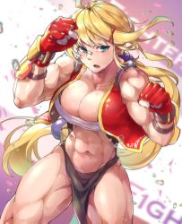 Rule 34 | 1girl, abs, absurdres, bandaid, blonde hair, blue eyes, breasts, cherry blossoms, commentary request, cowboy shot, fingerless gloves, gauntlets, gloves, hair ornament, hairclip, highres, huge filesize, large breasts, long hair, mr.lime, muscular, muscular female, navel, original, pelvic curtain, ponytail, ponytail holder, sarashi, title screen