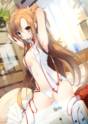 Rule 34 | 10s, 1girl, adjusting hair, armpits, arms up, asuna (sao), bad id, bad pixiv id, bare shoulders, bed, breasts, brown eyes, brown hair, character name, curtains, hair ornament, holographic interface, leaf, long hair, looking at viewer, mouth hold, o/, open clothes, outstretched arms, panties, pillow, room, sgm, solo, sword art online, thighhighs, tying hair, underwear, white panties, white thighhighs