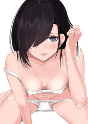 Rule 34 | 1girl, black eyes, black hair, bra, breasts, covered erect nipples, downblouse, hair over eyes, tucking hair, highres, long hair, looking at viewer, medium breasts, navel, original, panties, panty pull, parted lips, schreibe shura, see-through, simple background, sitting, smile, solo, spread legs, strap slip, underwear, wariza, white background, white bra, white panties