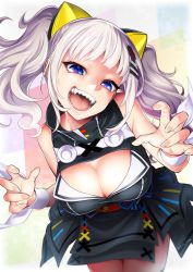 Rule 34 | 1girl, bare shoulders, blue eyes, breasts, claw pose, cleavage, cleavage cutout, clothing cutout, commentary, cowboy shot, female focus, fingernails, hair ornament, highres, japanese clothes, kaguya luna, kitano tomotoshi, large breasts, looking at viewer, obi, sash, sharp teeth, silver hair, solo, teeth, the moon studio, twintails, virtual youtuber, x hair ornament