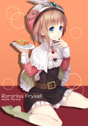 Rule 34 | 1girl, atelier (series), atelier rorona, bad id, bad pixiv id, belt, black dress, blue eyes, brown hair, capelet, character name, copyright name, dress, feathers, female focus, finger to mouth, food, food on face, frills, green socks, hat, hat feather, jewelry, no shoes, parsley-f, pendant, plate, rororina fryxell, short dress, short hair, simple background, sitting, socks, solo, text focus, wariza