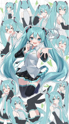 Rule 34 | &gt; &lt;, 1girl, 39, :d, ^ ^, absurdres, aqua eyes, aqua hair, aqua necktie, black footwear, black skirt, black thighhighs, boots, closed eyes, collared shirt, commentary, detached sleeves, expressions, from behind, from side, hatsune miku, headset, high heel boots, high heels, highres, long hair, looking at viewer, miku day, multiple views, necktie, noneon319, open mouth, outline, outstretched hand, pout, shirt, skirt, smile, speech bubble, spring onion, teeth, thighhighs, translated, twintails, upper teeth only, vocaloid, w, white outline, white shirt