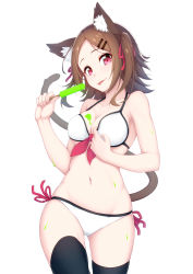 Rule 34 | 1girl, :p, absurdres, animal ears, bare arms, bare shoulders, bikini, black thighhighs, breasts, brown hair, cat ears, cat girl, cat tail, cleavage, commentary request, food, food on body, food on breasts, front-tie bikini top, front-tie top, gluteal fold, hair ornament, hair ribbon, hairclip, head tilt, highres, holding, holding food, long hair, looking at viewer, medium breasts, navel, ochiai miyabi, original, parted bangs, parted lips, popsicle, red eyes, red ribbon, ribbon, side-tie bikini bottom, simple background, smile, solo, swimsuit, tail, tail raised, thighhighs, tongue, tongue out, two side up, white background, white bikini