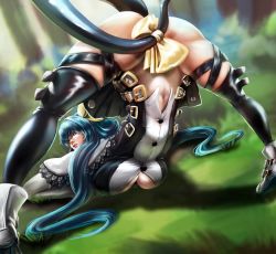Rule 34 | 1girl, artist request, ass, belt, blue hair, breasts, buttons, clothing cutout, dizzy (guilty gear), forest, grass, guilty gear, guilty gear xrd, hair ribbon, high heels, jack-o&#039; challenge, large breasts, long hair, looking at viewer, looking back, multiple belts, nature, navel, ribbon, self exposure, skindentation, tail, tail ornament, tail ribbon, thick thighs, thighhighs, thighs, top-down bottom-up, tree, twintails, yellow ribbon