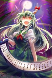 Rule 34 | 1girl, dress, ex-keine, full moon, gradient background, green dress, green hair, horn ornament, horn ribbon, horns, kamishirasawa keine, kutsuki kai, looking at viewer, moon, night, open mouth, puffy short sleeves, puffy sleeves, red eyes, ribbon, scroll, shaded face, short sleeves, silver hair, sky, solo, touhou