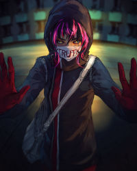 Rule 34 | 1girl, absurdres, bag, black hair, blurry, blurry background, covered mouth, fisheye placebo, gloves, green eyes, hair between eyes, hands up, highres, hood, hoodie, long sleeves, looking at viewer, mask, mouth mask, multicolored eyes, pink hair, red gloves, short hair, shoulder bag, solo, upper body, yellow eyes, yuumei