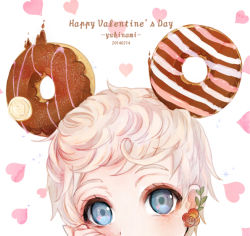 Rule 34 | 1girl, 2014, artist name, bad id, bad pixiv id, blue eyes, close-up, dated, doughnut, earrings, flower earrings, food, food-themed hair ornament, hair ornament, hand on own cheek, hand on own face, heart, jewelry, looking at viewer, original, short hair, simple background, single earring, solo, text focus, valentine, very short hair, white background, white hair, yukinami (paru26i)