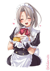 Rule 34 | 1girl, alternate costume, apron, back bow, bow, chopsticks, closed eyes, dress, ebifurya, enmaided, food, frilled dress, frills, gloves, heart, highres, holding, holding chopsticks, holding food, incoming food, kantai collection, maid, maid apron, maid headdress, medium hair, omelet, one-hour drawing challenge, open mouth, parted bangs, red bow, short sleeves, smile, solo, tamagoyaki, twitter username, white gloves, wrist cuffs, zuihou (kancolle)