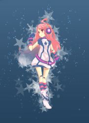 Rule 34 | 1girl, ahoge, bad id, bad pixiv id, boots, doll joints, dress, female focus, gloves, gradient background, headphones, joints, long hair, masaizo, red hair, robot joints, sf-a2 miki, smile, socks, solo, star (symbol), vocaloid