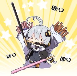 Rule 34 | 1girl, antenna hair, black footwear, black jacket, braid, breasts, brown eyes, chibi, closed mouth, collared shirt, commentary request, dress, food, food in mouth, full body, grey dress, grey hair, hair between eyes, hair ornament, highres, holding, holding food, jacket, kizuna akari, large breasts, long hair, long sleeves, low twintails, milkpanda, mouth hold, open clothes, open jacket, orange pantyhose, pantyhose, pocky, puffy long sleeves, puffy sleeves, shirt, sleeves past wrists, solid oval eyes, solo, standing, star (symbol), starry background, striped clothes, striped pantyhose, translation request, twin braids, twintails, vertical-striped clothes, vertical-striped pantyhose, very long hair, voiceroid, white shirt